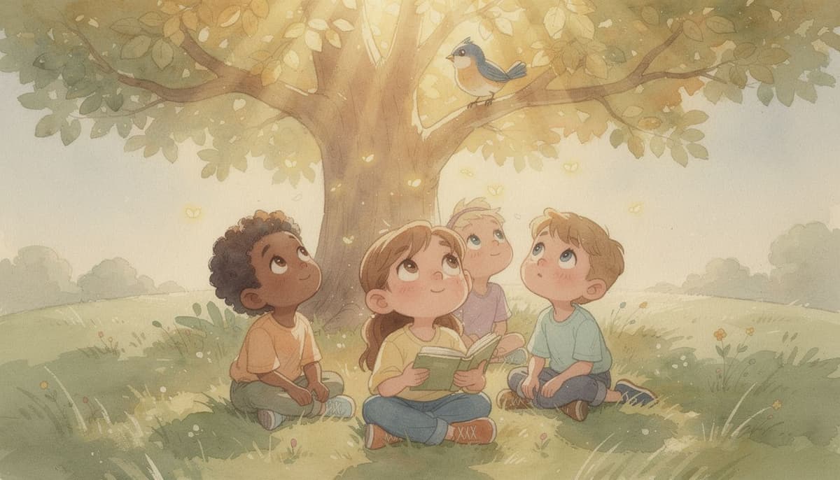 Children reading Bible stories under a tree